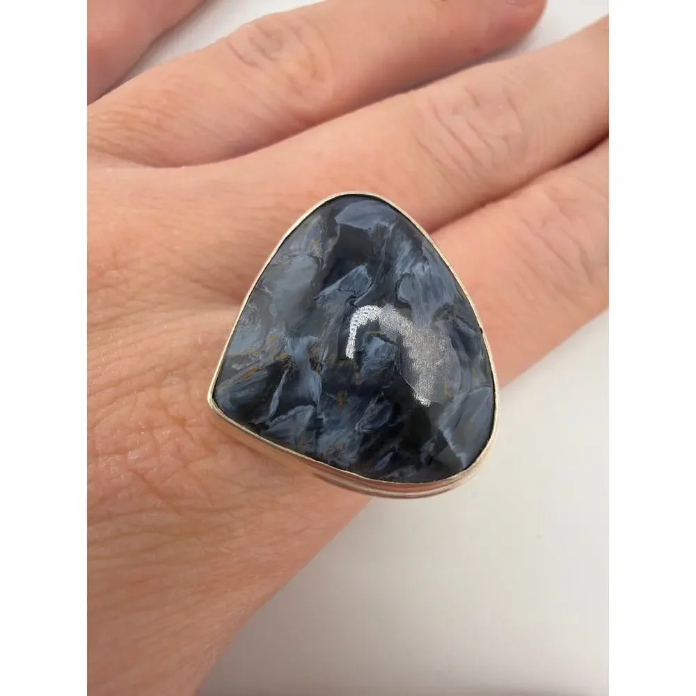 925 Sterling Silver Teardrop Blue Pietersite Ring Size 10